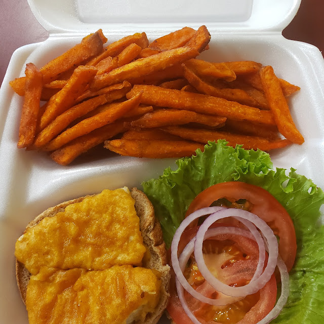Vegan Fish Fillet Sandwich and Sweet Potato Fries