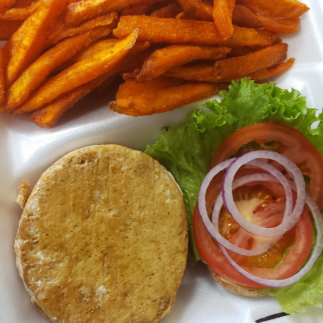 Salmon Burger and Sweet Potato Fries
