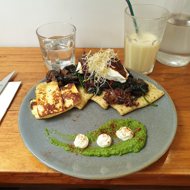 Crepes with Lamb Mushroom Pea Puree and Halloumi