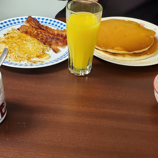 Scrambled Eggs and Bacon-OJ-Coffee Hash Browns
