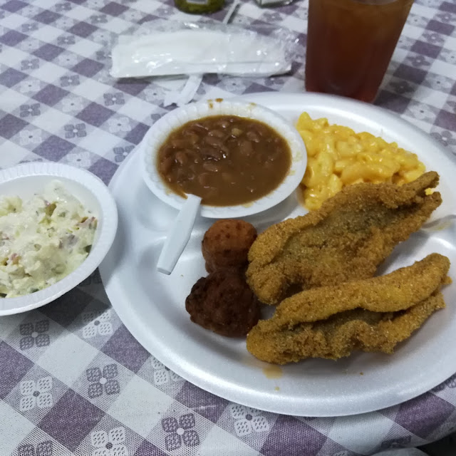 Catfish Fillet Hushpuppies Baked Beans Potato Salad