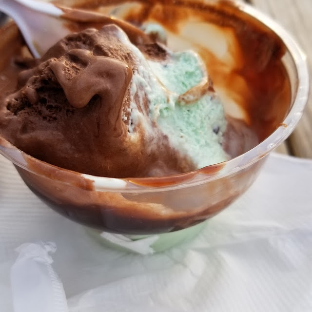 Dark Chocolate Ice Cream with Mint Chocolate Chip with Hot Fudge