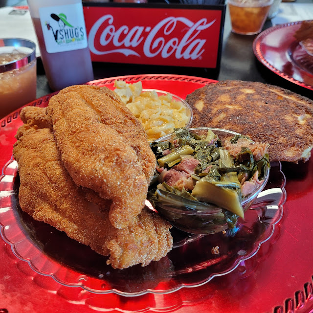 Catfish Dinner Mac and Cheese Collards Hot Water Cornbread Peach Cobbler