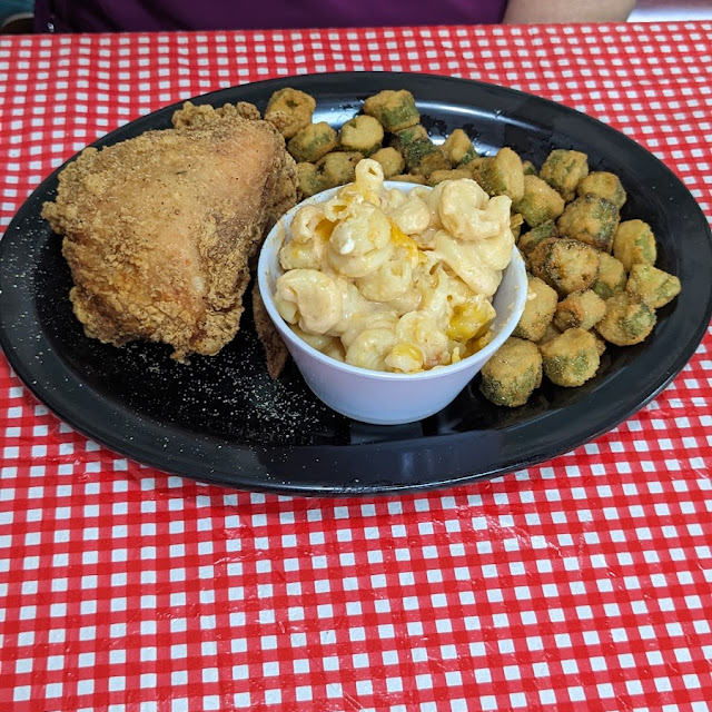 Fried Chicken Fried Okra and Mac N Cheese