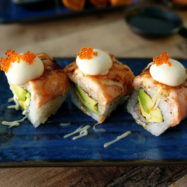 Grilled Salmon and Avocado Sushi