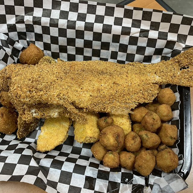 Fried Catfish Fillet and Potato Wedges and Mac and Cheese