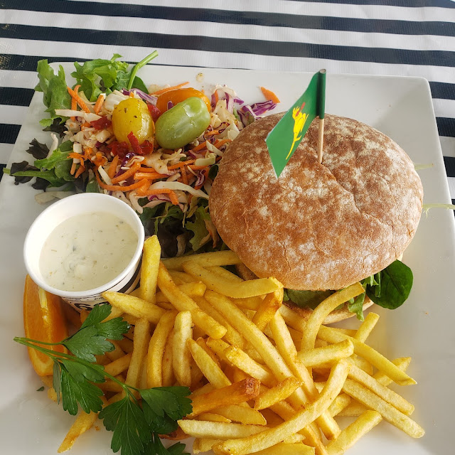 JFK Fish Burger Chips & Salad