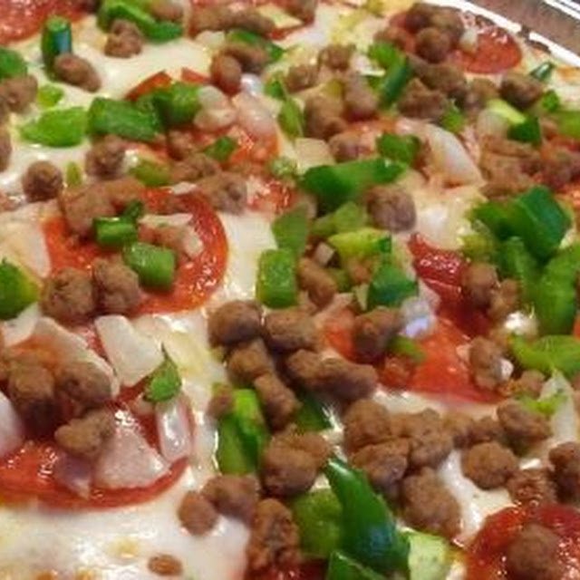 Pepperoni Sausage Onion & Green Pepper Pizza
