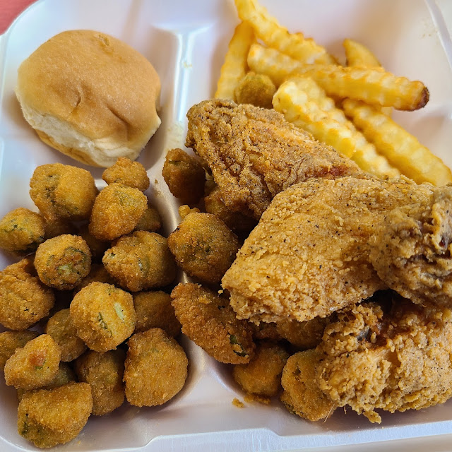 Chicken Wings Dinner Dinner Roll Fries and Fried Okra