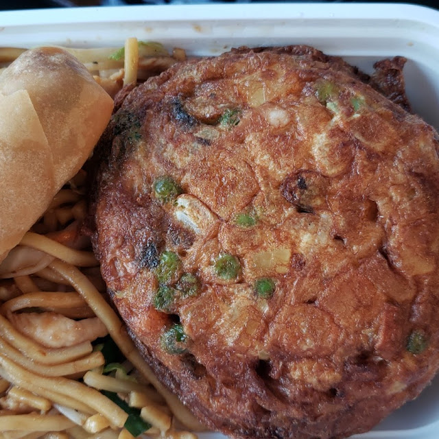 Chicken Lo Mein Vegetable Egg Foo Young and a Spring Roll