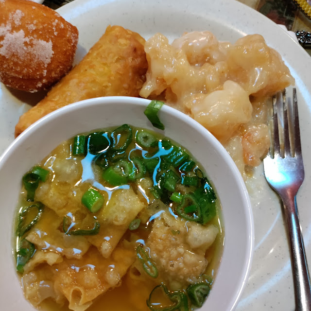 Egg Roll Chinese Doughnut Wonton Soup and Hawaiian Shrimp