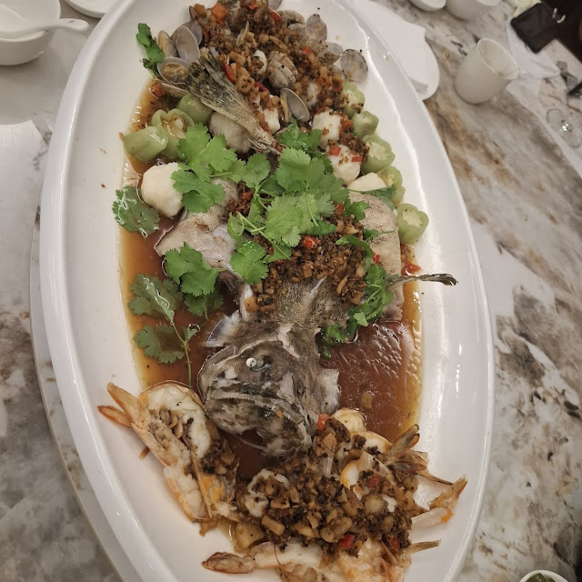 Steamed Grouper Fish with King Prawn Stuffed Clam Squid Ball & Seng Kaw