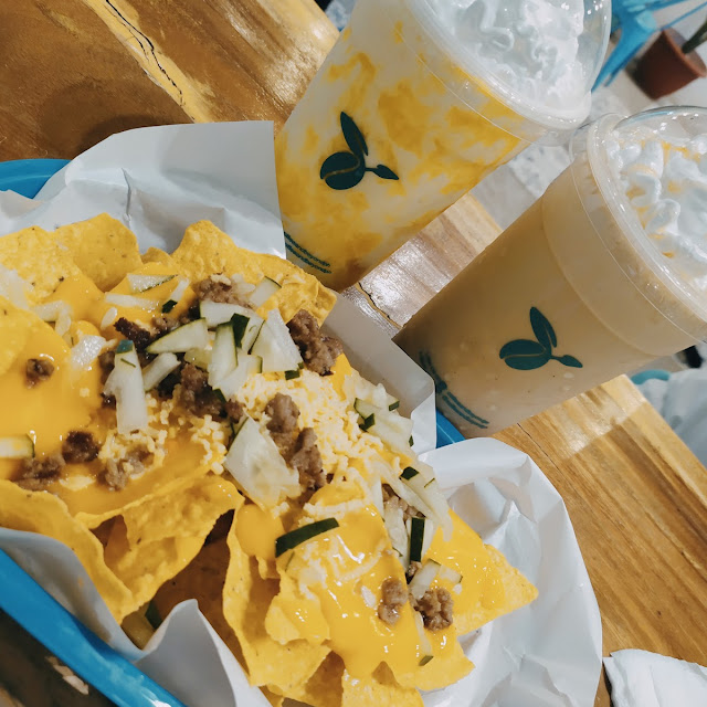 Peach Mango and Salted Caramel Frappe with Nachos