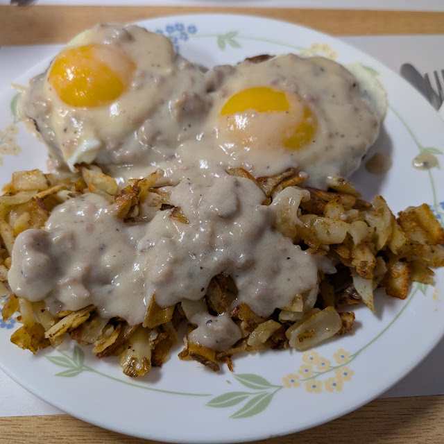 Sausage and Gravy over Cheddar Biscuits