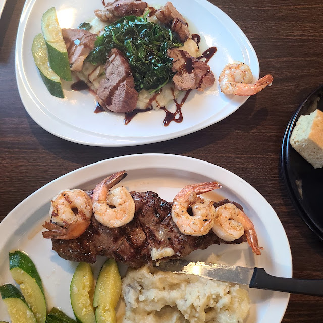 Surf N Turf 12 Oz Sirloin with Shrimp Potatoes and Zucchini