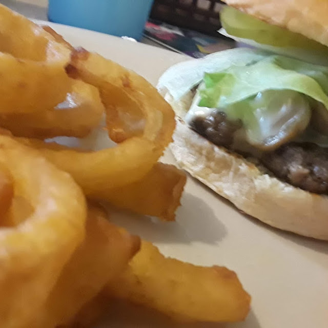 Mushroom Swiss Burger with Onion Rings