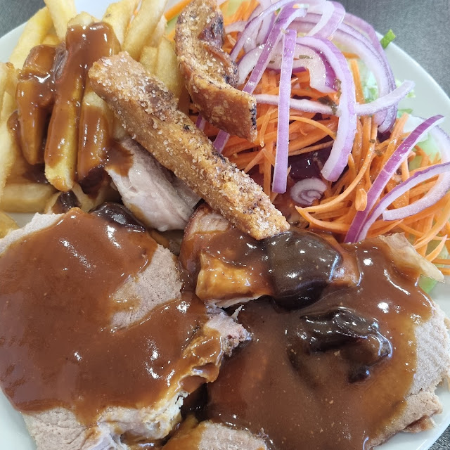 Roast Pork with Chips and Salad
