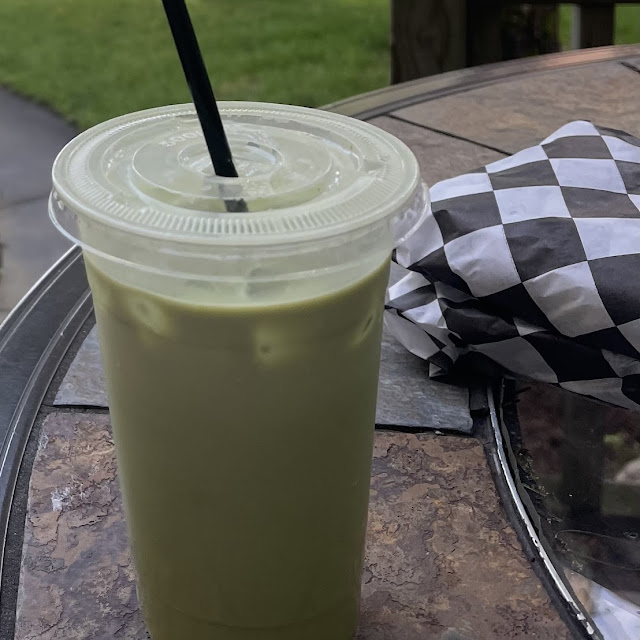 Iced Matcha Latte and Breakfast Sandwich