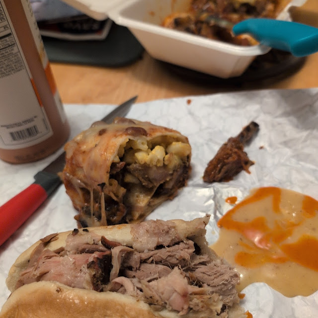 Brisket Burrito and Pulled Pork Sandwich