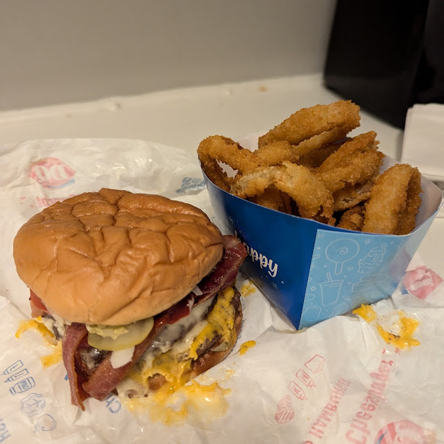 Bacon Double Cheeseburger and Onion Rings