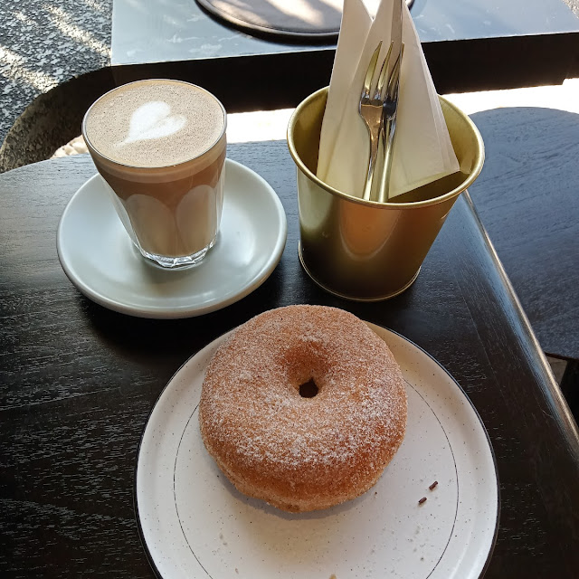 Oat Latte and Cinnamon Sugar Doughnut