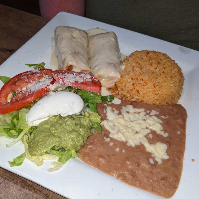 Beef Chimichanga with Rice Beans and Salad
