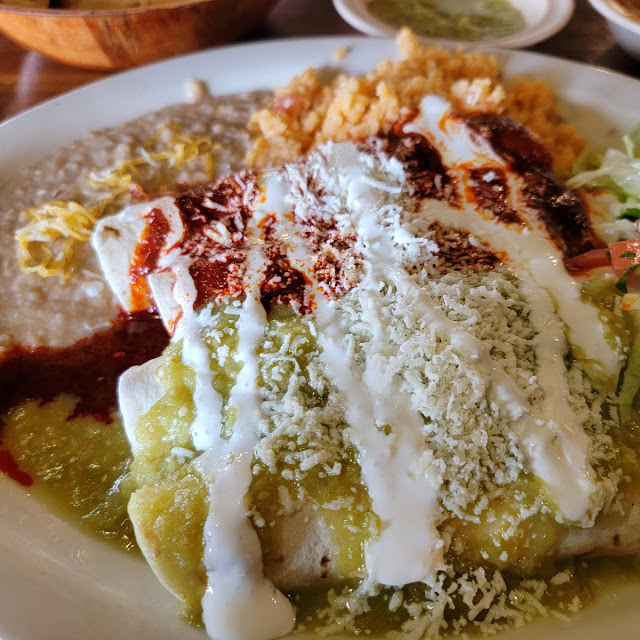 Chicken Enchiladas with Half Red and Half Green Sauce