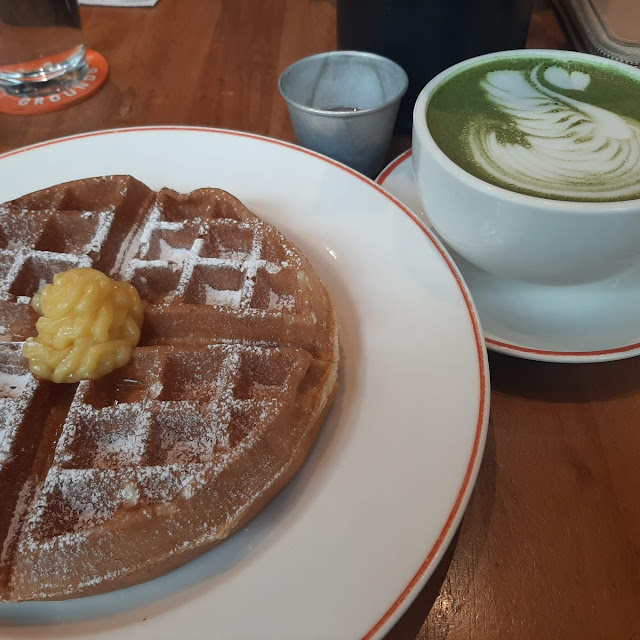 Classic Belgian Waffle and Yamamasa Matcha Latte