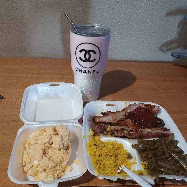 BBQ Chicken and Ribs Yellow Rice Green Beans and Potato Salad