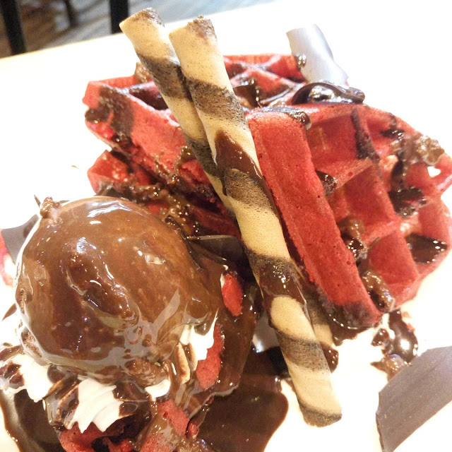 Red Velvet Waffle with Avocado Ice Cream