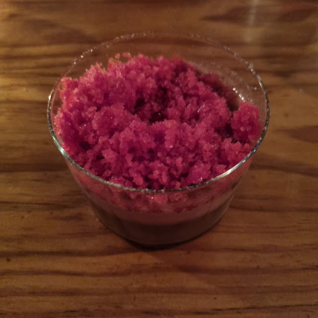 Chocolate Pudding with Shisho and Raspberry Ice