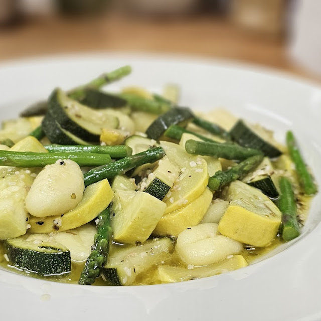 Sautéed Vegetable Trio Zucchini Yellow Squash Asparagus with Gnocchi
