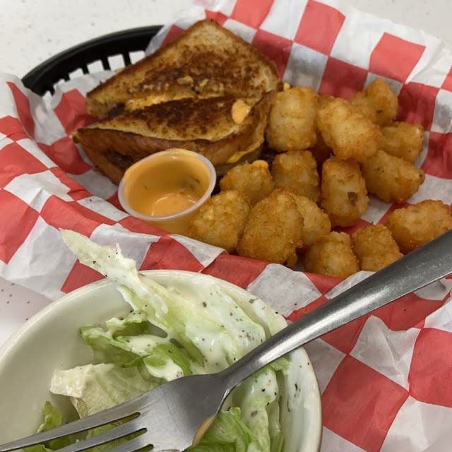 Patty Melt with Tater Tots and Side Salad