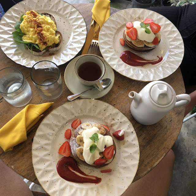 Pancake and Scrambled Eggs on Toast