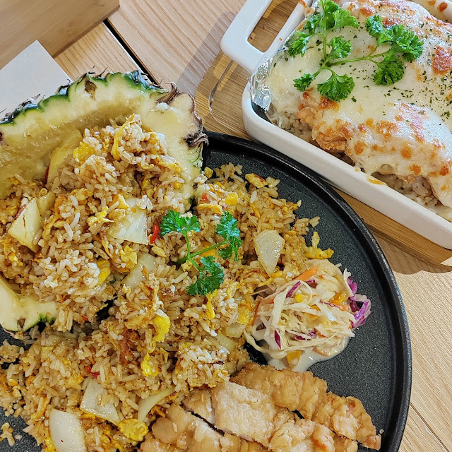 Pineapple Fried Rice with Fried Chicken and Cheese Baked Chicken Chop with Rice