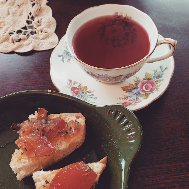 Raspberry Hibiscus Tea with Tomato Toppers
