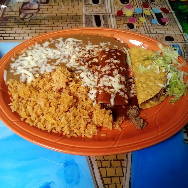 Enchilada and Taco with Rice and Beans