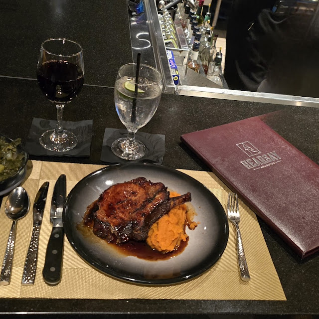 Smoked Pork Chop with Sweet Potato Mash and Collard Greens