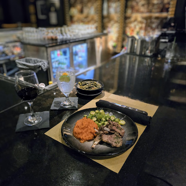 Lamb Chops Sweet Potato Mash Sautéed Okra and a Side of Collard Greens Greatness Jmac