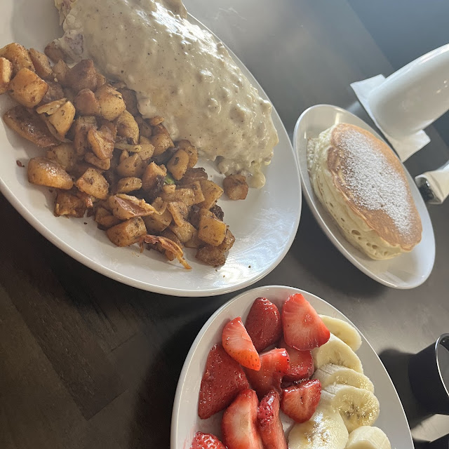 Country Omelette Potatoes Two Fluffy Pancakes and Side of Fruit