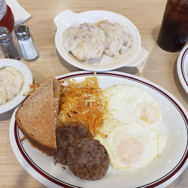 2 over Easy Eggs Sausage Hash Browns and Toast