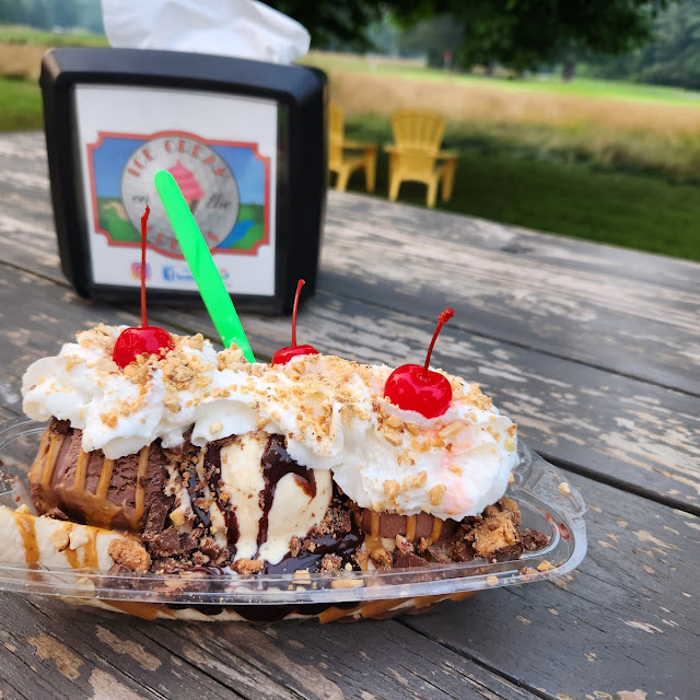 Peanut Butter Banana Split with Chocolate Peanut Butter Ice Cream and Banana Cream Pie Ice Cream