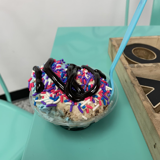 Peanut Butter and Monster Cookies Ice Cream with Hot Fudge and Sprinkles
