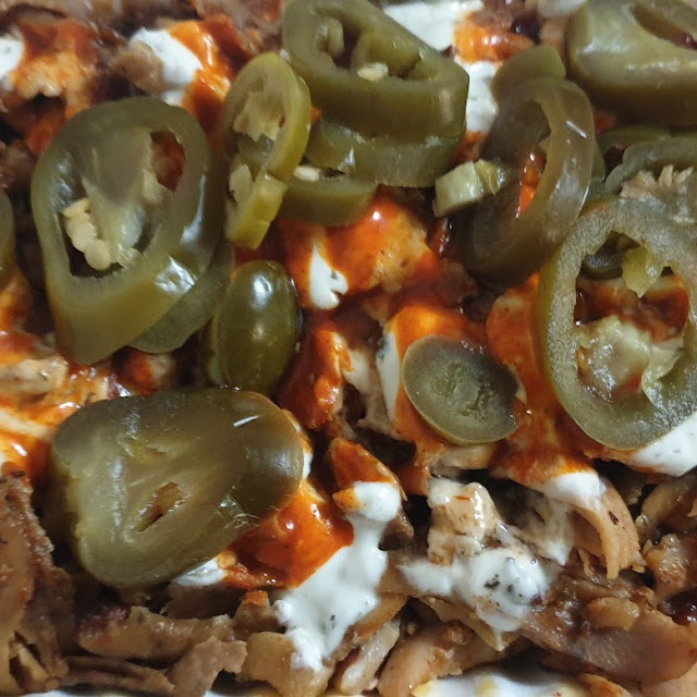 Mixed HSP with Garlic Chilly and Barbequeue Saucr Topped with Jalapenos