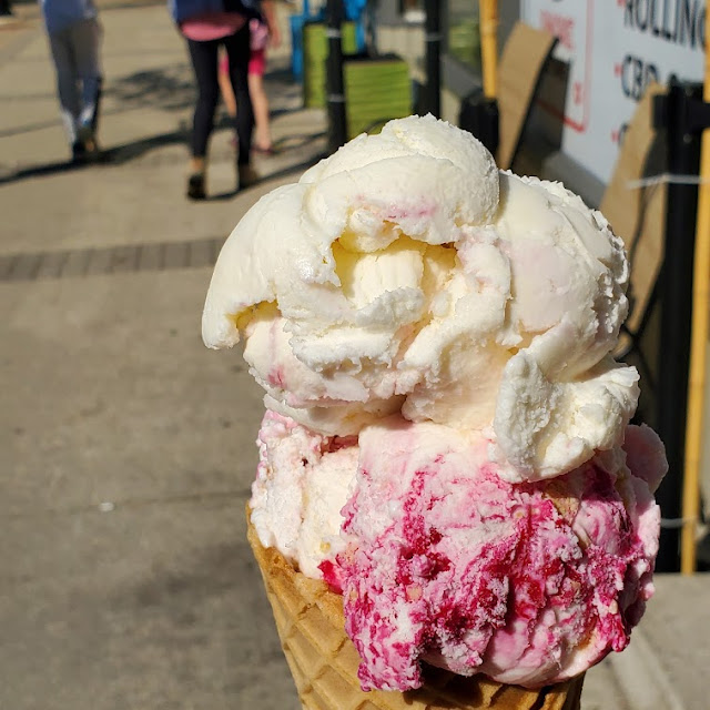 Double Scoop Waffle Cone One Scoop of Cherry Cheesecake One Scoop of Blueberry Cheesecake