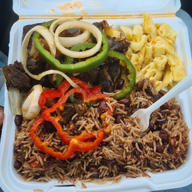 Rice and Beans and Fried Goat with Mac and Cheese