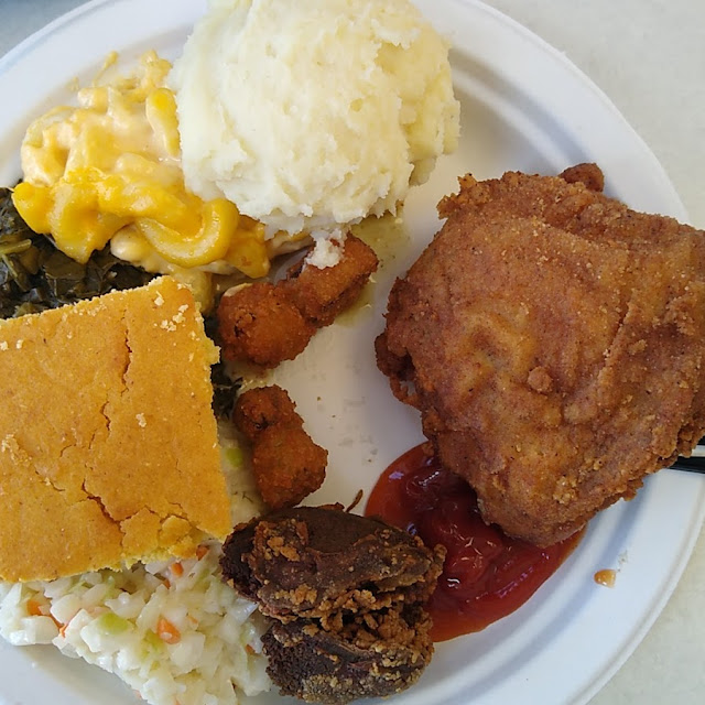Buffet Assortment Thigh Liver Okra Slaw Turnip Greens and Cornbread