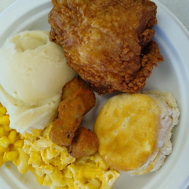 Thigh Biscuit Corn Mashed Potatoes Mac and Cheese and Okra