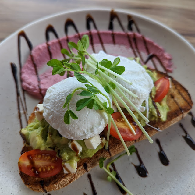 Smashed Avocado with Feta Beetroot Dip and 2 Poached Eggs