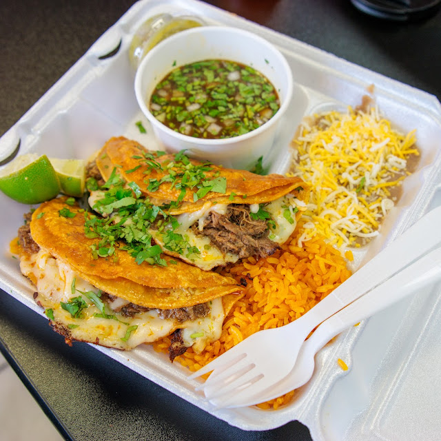 Quesabirria Combo- 2 Wet Tacos w Rice and Beans